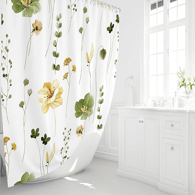 Gibelle Small Stall Shower Curtain 36 x 72, Narrow Half Watercolor Floral Fabric Shower Curtain, Olive Green Beige Flower Decorative Bathroom Shower Curtain Set with Hooks