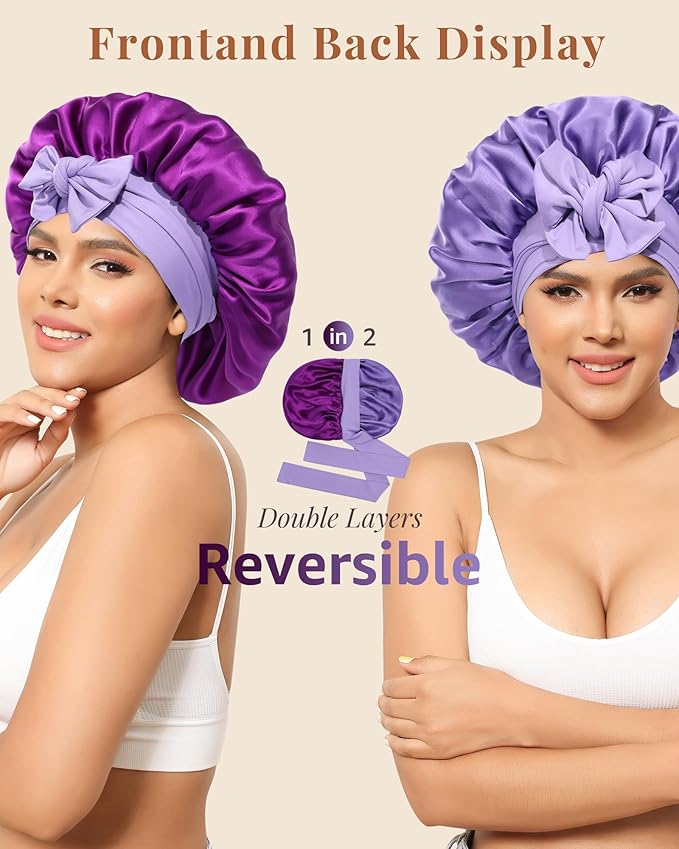 AWAYTR Silk Bonnet for Sleeping Women 100% Mulberry Silk Bonnet with Band 2 Layer Reversible Hair Bonnet Sleeping Hair Wrap (Purple/Violet)