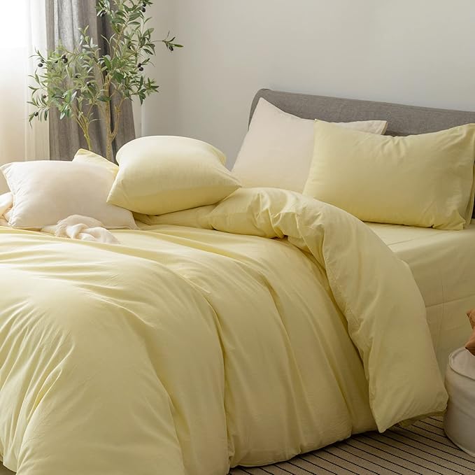FOSSA Duvet Cover Set 100% Washed Cotton Linen Feel Super Soft Breathable Cozy 3 Pieces Bedding Sets Solid Pastel Yellow Oversized King