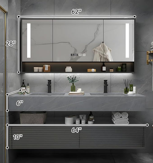 64IN Bathroom Vanity with Double Sink, Modern Bathroom Vanity with LED Smart Defogging Mirror Cabinet and Open Shelf, Floating Bathroom Cabinet with Striped Double Drawers, Oak Material (Grey)