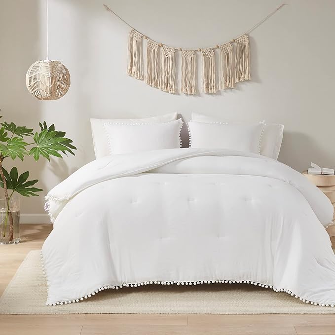Codi White Boho Twin Comforter Set for Girls, Aesthetic Luxurious Pom Fringe Design Bedding,Cute Soft Washed Microfiber Bed Sets, Lightweight Chic,1 Comforter & 1 Pillowcase