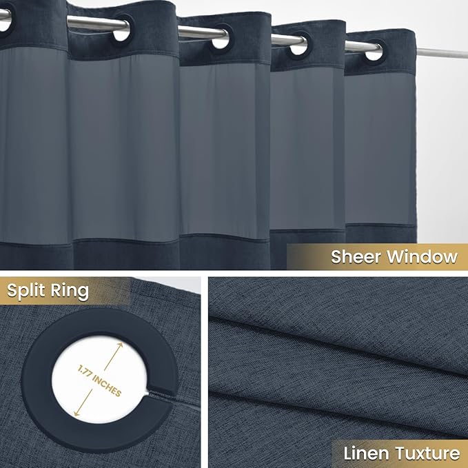 Small No Hook Shower Curtain with Snap in Liner, Polyester Textured Shower Curtain with Liner Set, Waterproof Washable Hotel Style Shower Curtains for Bathroom, 54Wx80H, Navy