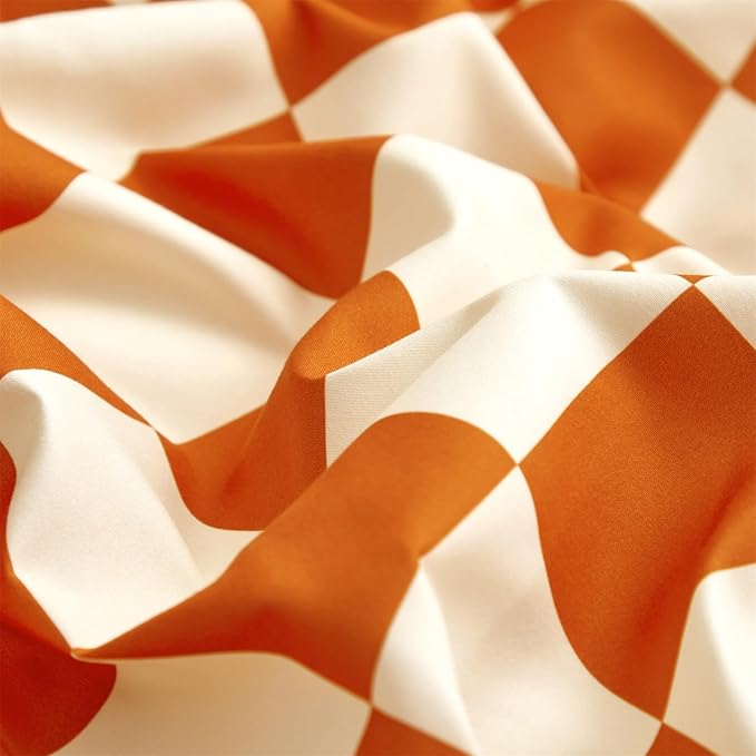 KAREVER Orange White Grid Comforter Set Cal King Burnt Orange Plaid Bedding Set Women Reddish White Checkered Bed Blanket Set Men Durable Breathable Bedding Comforter Set