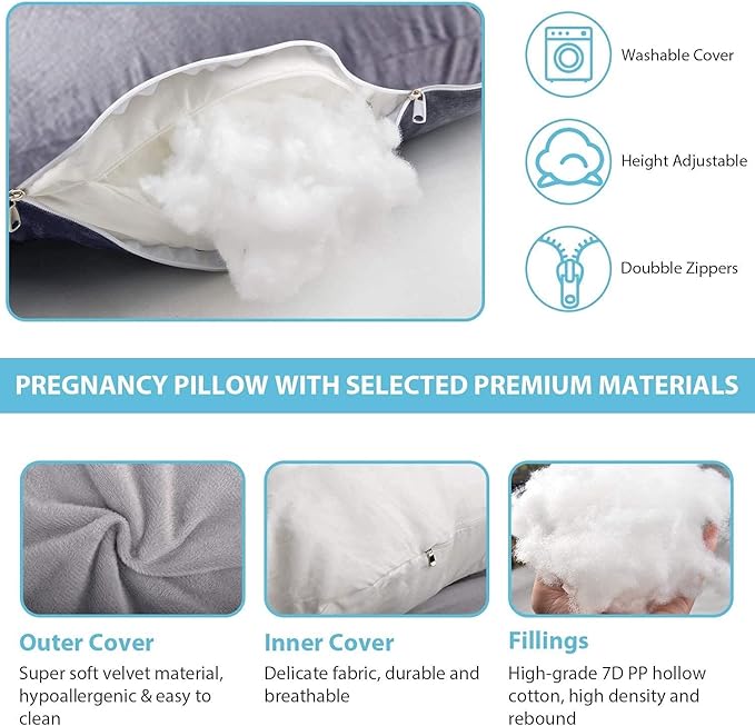 Pregnancy Pillow J-Shaped Full Body Pillow, 59 inch with Velvet Cover Easy to Remove and Wash, Support Pregnant Women's Backs Legs and HIPS, Improve Sleep,Pregnancy Pillow for Women ，Blue Grey