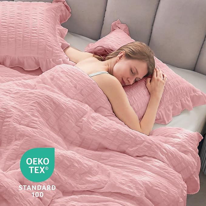 JOLLYVOGUE Pink Seersucker King Comforter Set, 3 Pieces Bed in a Bag Comforter Set, Lightweight & Fluffy Bedding Sets King for All Season with 1 Ruffle Comforter and 2 Ruffle Pillowshams