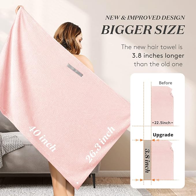 YFONG Large Hair Towel Wrap for Women, Super Absorbent Microfiber Hair Towel for Curly Hair, Fast Drying Hair Turbans with Elastic,Hair Drying Towel Wrap for Hair Care 26.3" X 40" (Pink)