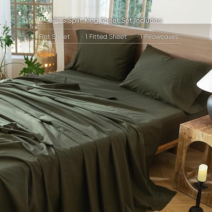 MooMee Bedding Sheet Set 100% Washed Cotton Linen Like Textured Breathable Durable Soft Comfy (Solid Olive Green, Twin)