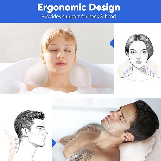 Goowin Bath Pillows for Tub, New Generation Skin-Friendly Silicone Bath Pillow, Luxury Bathtub Pillow for Head and Neck, Powerful Suction Tub Pillow for Bathtub with Inflatable Airbag (Off-White)