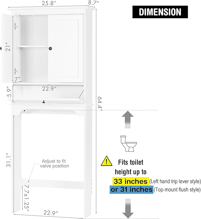 Spirich Over The Toilet Storage Cabinet, Bathroom Above Toilet Storage Cabinet with Doors and Adjustable Shelves, White