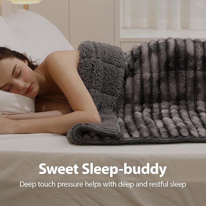 Sherpa Fleece Weighted Blanket with 3D Ribbed Stripes, 15 lbs Soft Flannel Heavy Throw Blanket for Couch Bed Sofa, Heavy Thick Blankets with Ceramic Beads, Great for Sleep, 48" x 72"