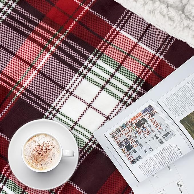 PAVILIA Christmas Plaid Blanket | Sherpa Fleece Flannel Throw Blanket | Christmas Plaid Warm Plush Microfiber Blanket for Couch Sofa | 50x60 Inches