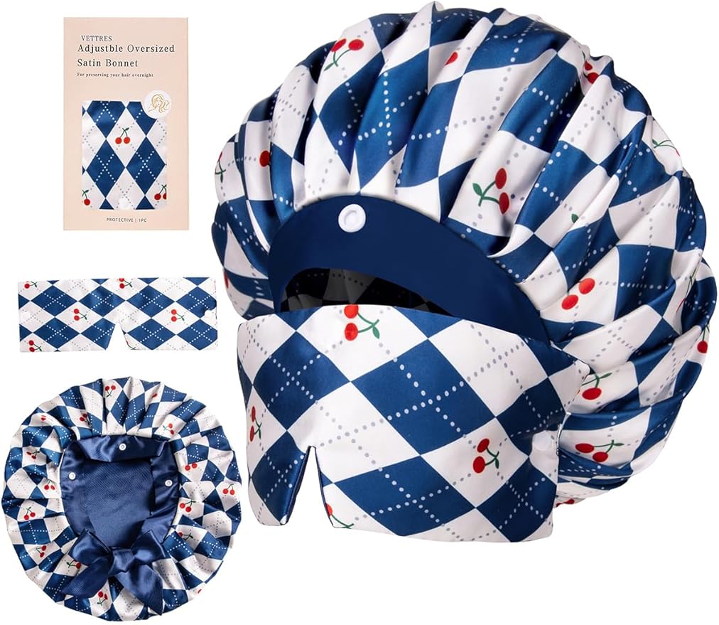 Pleated Silk Sleeping Bonnet with Eye Mask Double Layer Satin Hair Bonnets Sleep Cap for Curly Natural Hair
