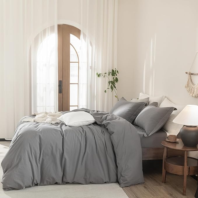 Dark Grey Duvet Cover California King Size Bedding Set Cover 100% Washed Cotton Duvet Cover with Zipper Closure and 2 Pillowcases, 104inch x 98inch