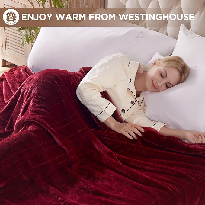 Westinghouse Heated Blanket Twin Size, Electric Heating Blanket with 10 Heating Levels, 1-12 Hours Auto Shut Off, Fast Heating Warming Blanket, Machine Washable (Twin, 62x84 Inches, Wine Red)