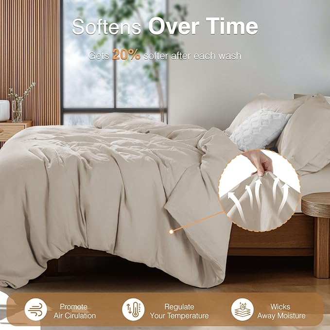 SONORO KATE 100% French Linen Duvet Cover Queen Size, Soft Breathable for Hot Sleepers, Moisture Wicking & Durable Cover Set - Zipper Closure & 4 Corner Ties Duvet Covers 3 Piece (Linen,Queen)
