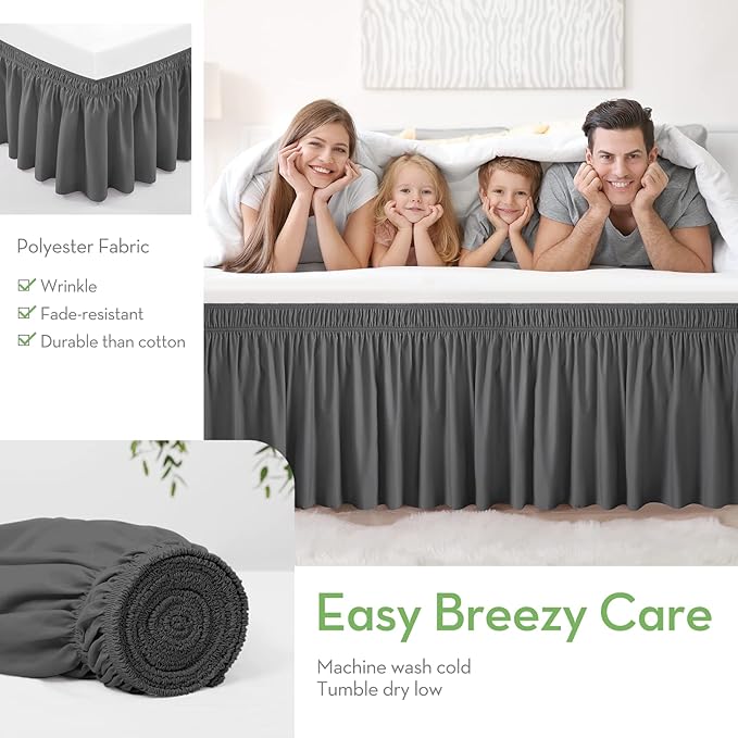 RIMELA Bed Skirt Wrap Around Elastic Dust Ruffles Solid Color Wrinkle and Fade Resistant with Adjustable Elastic Belt Easy to Install Dark Gray for King & California King Size 18 Inch Drop