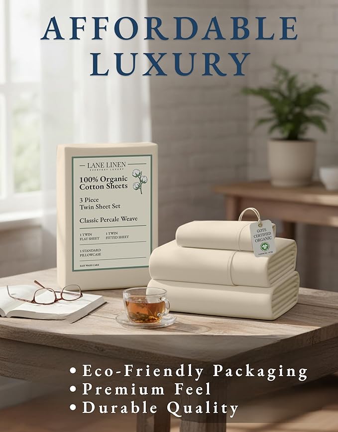 LANE LINEN 100% Organic Cotton Twin Bed Sheet Set, 3 Pc Twin Size Bed Sheets, Soft & Breathable Twin Sheet Set Boys, Hotel Style Bedding Sheets & Pillowcases, 15" Deep Fitted Sheet - Natural