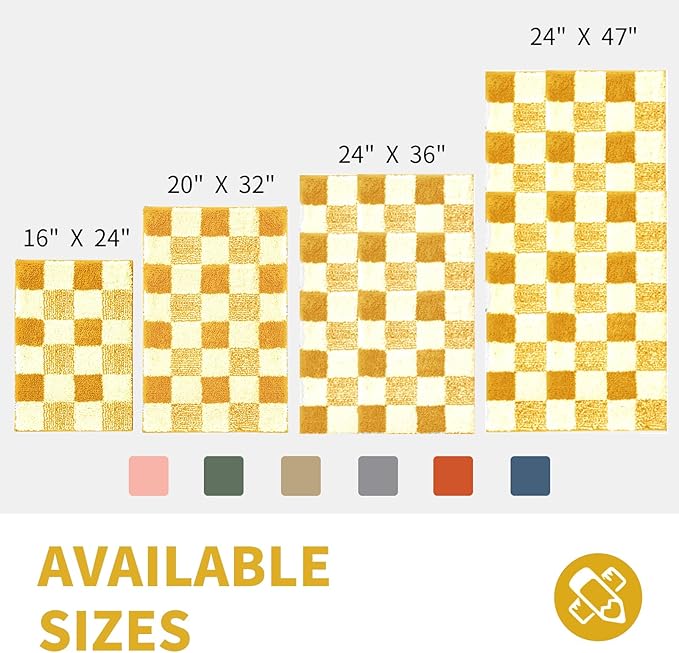 CozeCube Bath mats for Bathroom Non Slip, Fluffy Absorbent Microfiber Bath mat Washable, Aesthetic Bathroom Rugs, Long Harvest Gold Checkered Bath mat, Harvest Gold, 47" x 24"