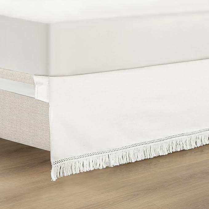 Lush Decor Boho Fringe 15-Inch Tailored Drop Easy Fit Bedskirt, Queen, Pure White