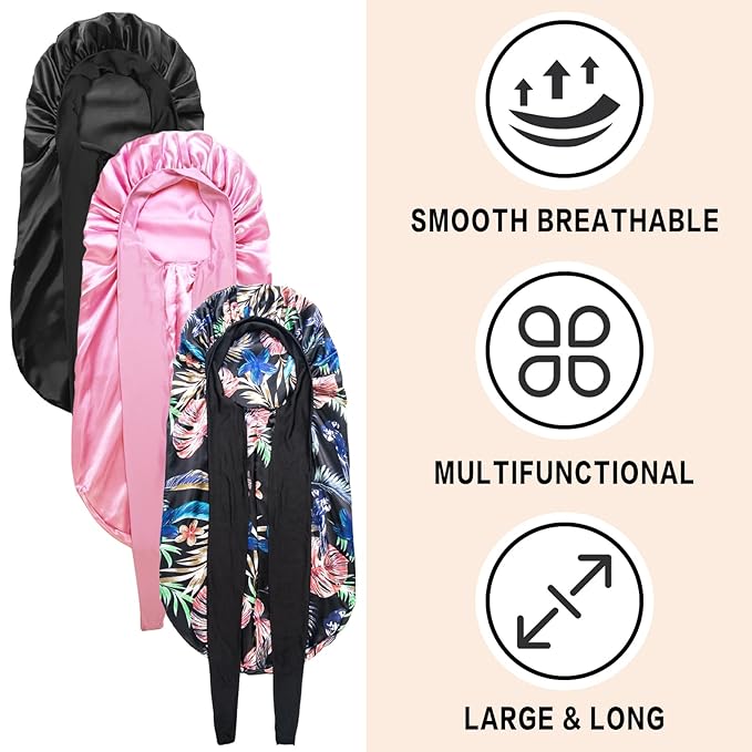 3Pcs Bonnets for Black Women Braid Bonnet, Large Long Satin Bonnet for Braids, Black Women Satin Silk Bonnet with Stretchy Tie Band Sleep Bonnet Cap for Long Curly Hair (Black & Black Pattern & Pink)