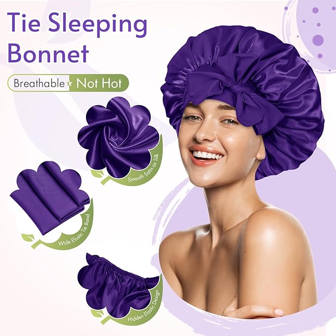 BONNET QUEEN Silk Bonnet for Sleeping Women Satin Bonnet Night Sleep Cap Wrap for Curly Hair with Adjustable Tie Band,Purple