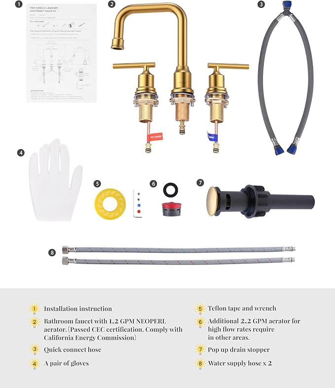 WOWOW Brushed Gold Bathroom Faucet Widespread Bathroom Sink Faucet 2 Handle Lavatory Tap 3 Holes with Drain and Supply Hoses Mordern Basin Taps
