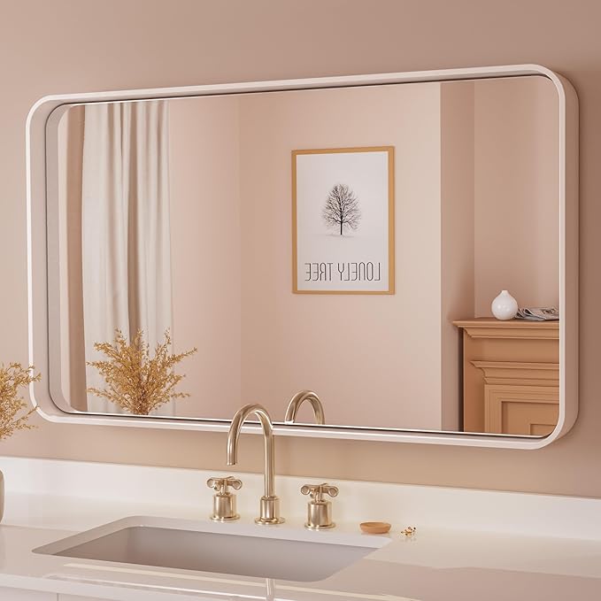 TETOTE White Framed Mirror for Bathroom 40 x 24 Metal Frame Wall Mounted Rectangle Mirror for Vanity with Sandy Textured Surface(Horizontal/Vertical)
