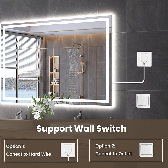 60"X30" LED Bathroom Mirror with Front Lights and Backlit, Anti-Fog, Dimmable, Shatter-Proof Tempered Glass, Lighted Bathroom Vanity Mirror for Wall with 3 Colors, Memory Function