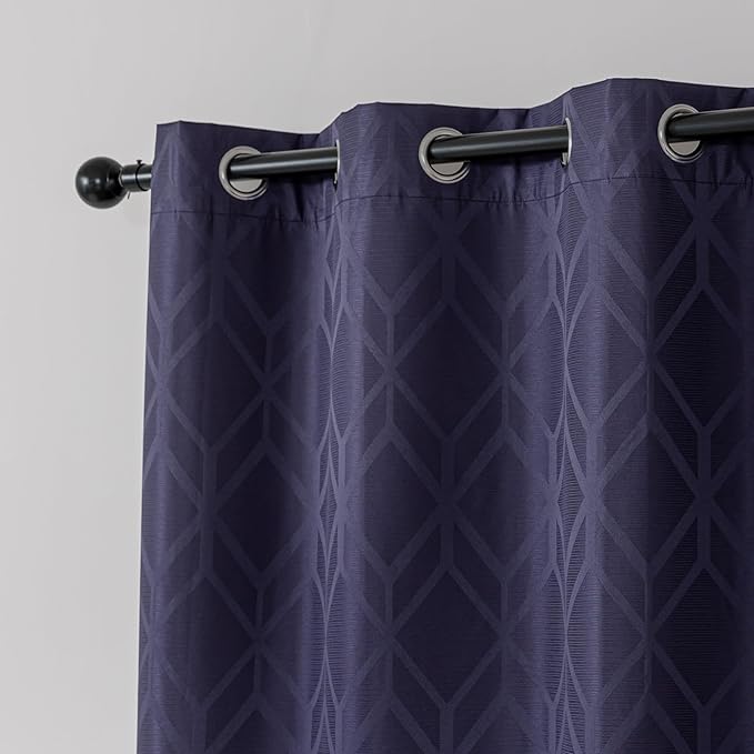 Amazon Basics Jacquard 2-Piece 100% Blackout Curtains, Living Room and Bedroom Drapes, Thermal Insulated Window Treatment, 42"x84", Dark Blue