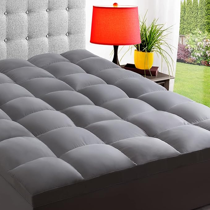ELEMUSE Full Grey Mattress Topper for Back Pain, Extra Thick Mattress Pad Cover, Plush Soft Pillowtop with Elastic Deep Pocket, Overfilled Down Alternative Filling