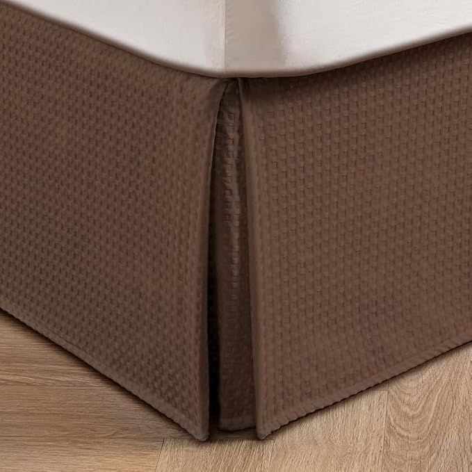 MIYE Pleated Waffle Weave Bed Skirt, Tailored Dust Ruffle 12 Inch Drop Easy Fit, Machine Washable (Brown, King - 12" Drop)