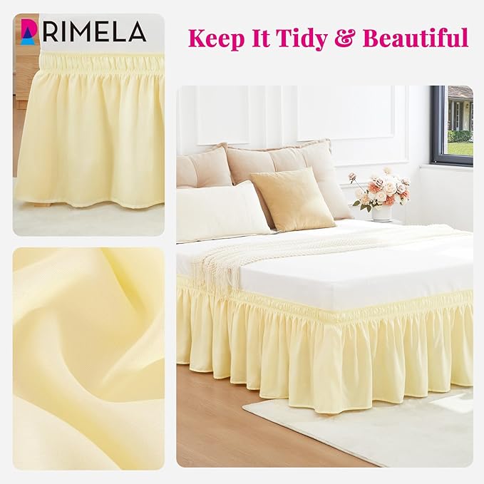 RIMELA Bed Skirt Queen Size 15 Inch Drop, Wrap Around Elastic Bedskirt Solid Microfiber Luxury Hotel Quality Fabric, Easy to Install Machine Washable Wrinkle & Fade Resistant, Beige Yellow