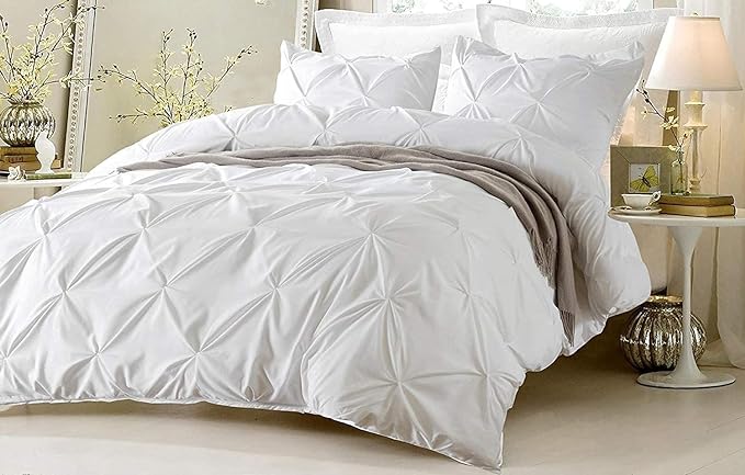 Duvet Cover Oversized King Cotton Pinch Pleated 800 Thread Count 100% Egypitian Cotton 1 Duvet Cover & 2 Pillow Shams Long Staple Quilt Silky Soft, Breathable with Zipper -3 Piece Set (White)
