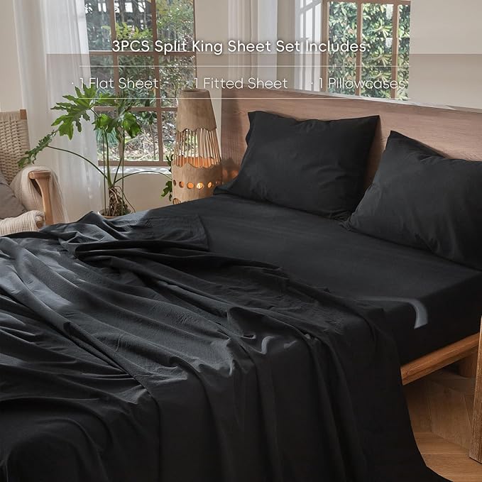 MooMee Bedding Sheet Set 100% Washed Cotton Linen Like Textured Breathable Durable Soft Comfy (Solid Black, Twin XL)
