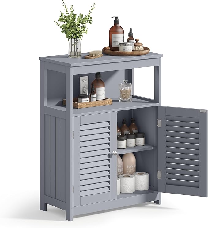 VASAGLE Floor Storage Cabinet, Freestanding Storage Unit with Double Shutter Doors and Adjustable Shelf, for Living Room, Bathroom, Entryway, Kitchen, Dove Gray UBBC040G02