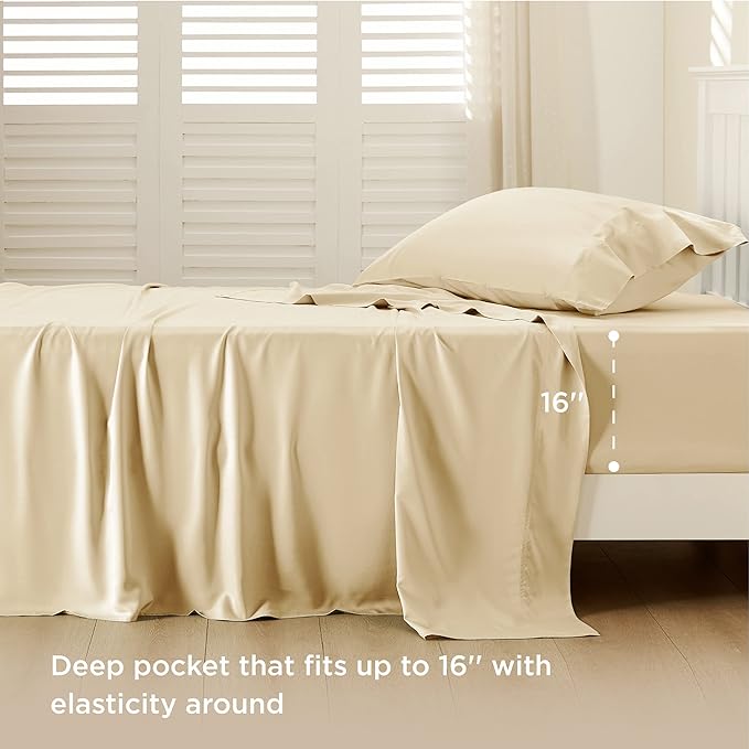Bedsure Cooling Sheets Twin XL, Rayon Derived from Bamboo, Breathable & Soft Twin XL Sheet Sets, Deep Pocket Up to 16", Hotel Luxury Silky Dorm Bedding for Hot Sleepers, Alabaster Gleam