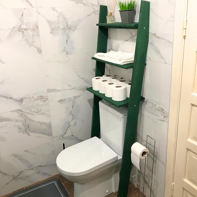 Over The Toilet Birch Wood Bathroom Organizer Shelves, 3-Tier Freestanding Above Toilet Storage Ladder Shelf, Standing Space Saver Behind Toilet Small Bathroom Organizer (Verde)