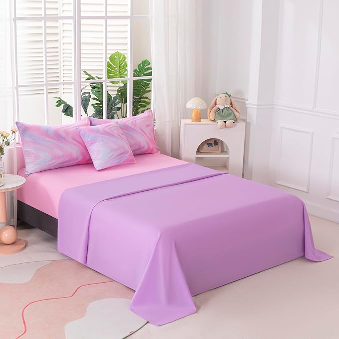 6Pcs Pink Comforter Set Full for Kids Girls, Pink Art Tie Dye Bedding Sets with Sheets, Bed in A Bag Full(1 Comforter, 1 Flat Sheet, 1 Fitted Sheet, 1 Cushion Cover, 2 Pillowcases)