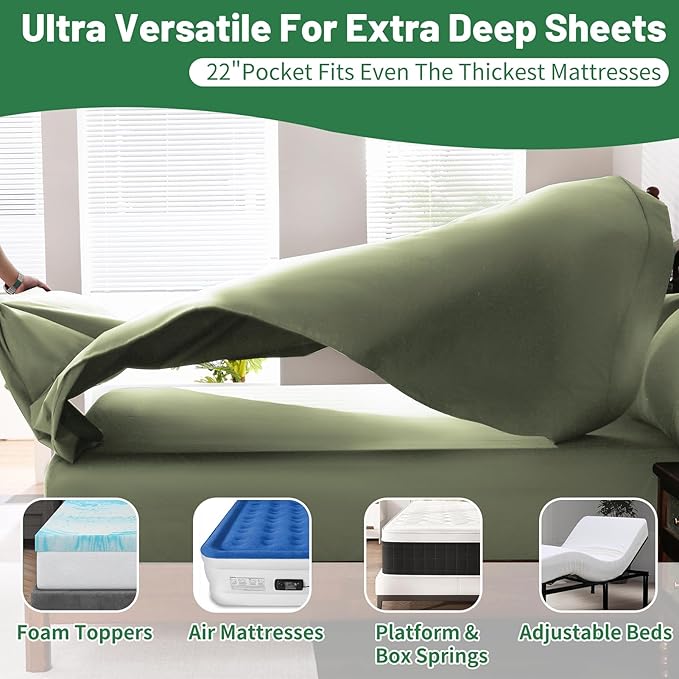 Extra Deep Pocket Queen Sheets 18-24 Inch 1000 Thread Count 100% Egyptian Cotton Sateen Weave Soft Breathable 4 Pieces（Queen,Olive Green）
