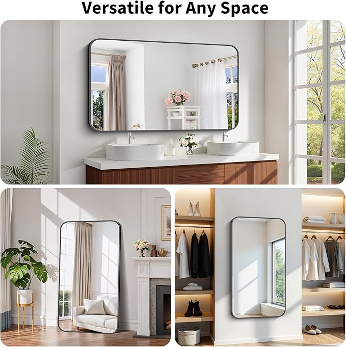 Koonmi Black Framed Bathroom Mirror - 30x55 Inch Shatterproof Tempered Glass Vanity Mirror for Bathroom Sink, Wall Mounted with Matte Aluminum Alloy Frame, No Distortion, Modern Decor