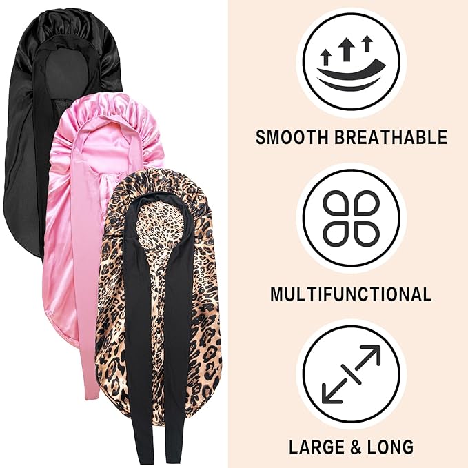 3Pcs Bonnets for Black Women Braid Bonnet, Large Long Satin Bonnet for Braids Sleeping, Black Women Satin Silk Bonnet (3Pcs-Black & Pink & Leopard)