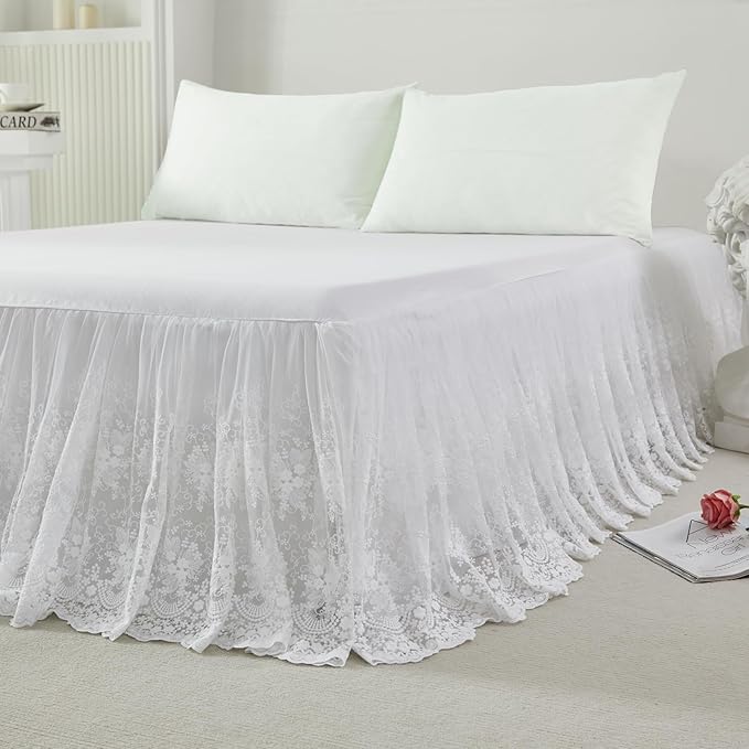 Brandream Lace Bed Skirt Twin Size White 18 Inch Drop Romantic Dust Ruffle Split Corners Bed Sheets Cover Excellent Quality
