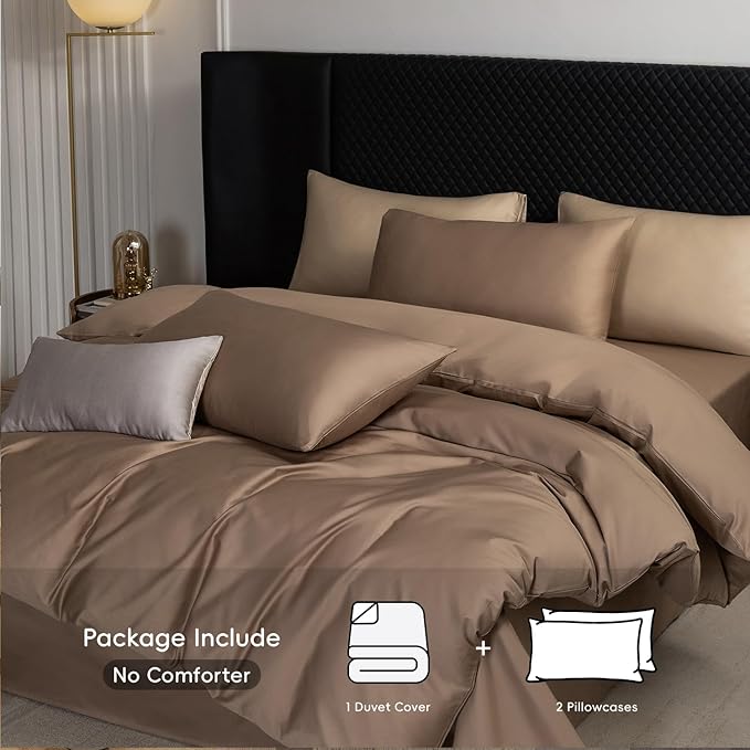 MooMee Duvet Cover Set 100% Extra Long Staple Cotton 600 Thread Count Silky Sateen Smooth Luxury Soft Breathable Durable Hotel Quality Bedding, 3 Pieces (Brown, Queen 90"x90")