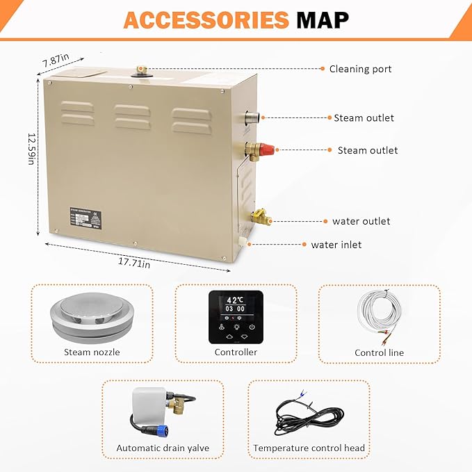 Steam shower generator,9kw Household-Commercial,Steam shower generator kit, with self-draining system,Temperature adjustable 95-131°F,Applicable space 315～350ft3(9KW)