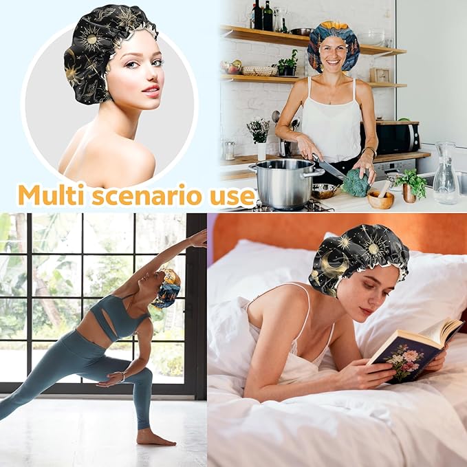 2 PCS Bonnets for Women Girls Satin Hair Bonnet Silk Adjustable Elastic Double Layer Hair Wrap Sleep Cap Comfort Cute-Sun Moon Sunset