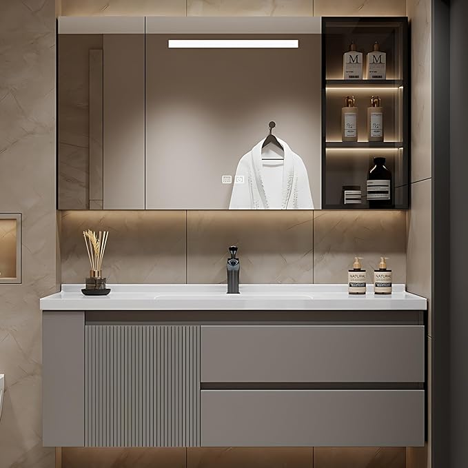 52IN Suspended Bathroom Cabinet Combo Set - Fully Functional LED Mirror with Smart Defogging & Time Display | Bathroom Vanity with Sink,Side Cabinet Storage Compartment (Style C)