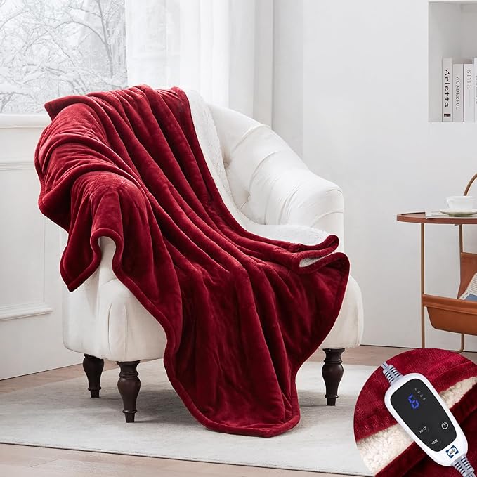 SEALY Heated Throw Blanket, Flannel & Sherpa Cozy Soft Electric Throw with 6 Heat Settings & 2-10 Hours Auto Shut Off, Machine Washable, 50x60 Inch, Burgundy
