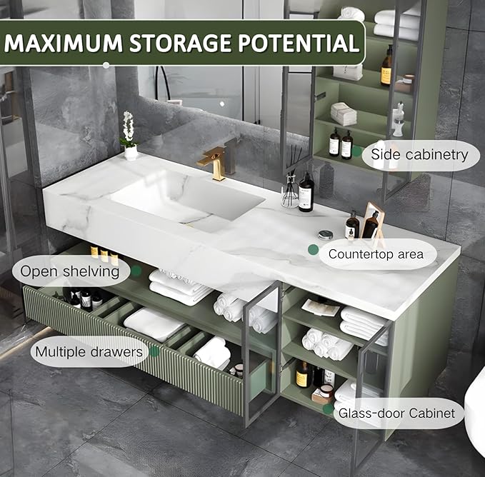 Floating Vanity for Bathroom, 52" Green Bathroom Vanity Set with LED Defog Mirror and Side Medicine Cabinet, Wall Mount Bathroom Storage Cabinet with Glass Door, Single Sink Bath Vanities - Green