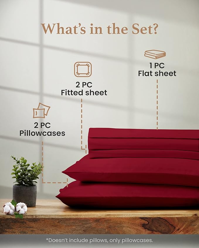 Good Sleep Bedding Split King Sheets Sets for Adjustable Bed Cotton, Egyptian Cotton Sheets, 5 Piece Cotton Split King Sheet Set, Sateen Sheets, 2 Fitted - 16" Deep Pocket, Burgundy
