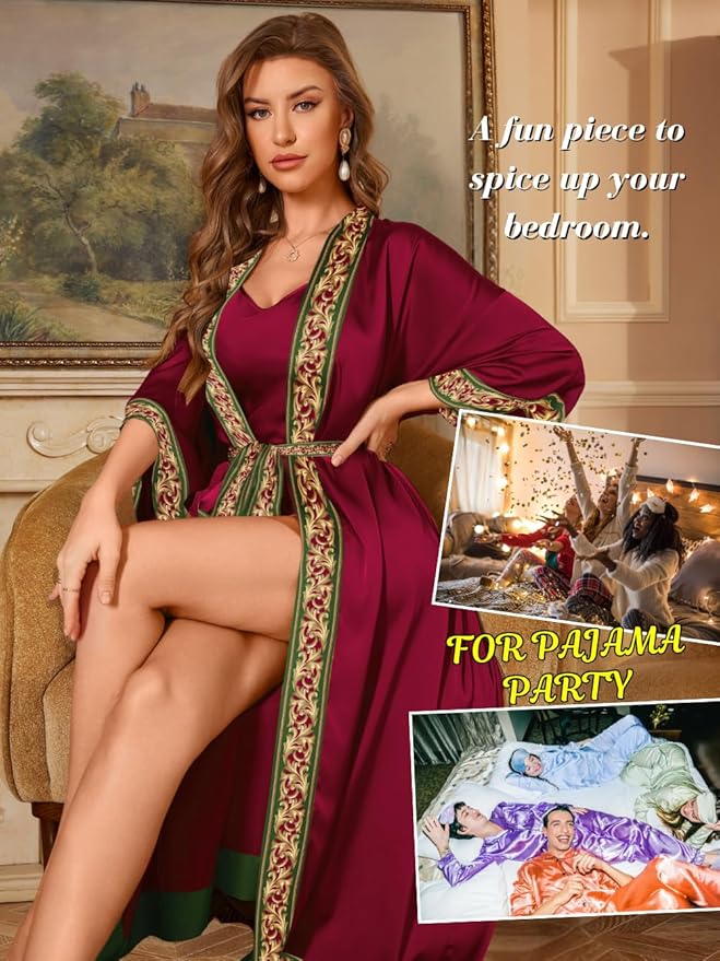 Satin Robe Sets For Women, 2-PC Lightweight Bathrobe, Silk Sleepwear Kimono Bridesmaid Sexy Robes
